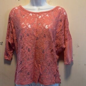casual, salmon or light coral Maurice’s , 3/4 sleeve, lace dolman top.